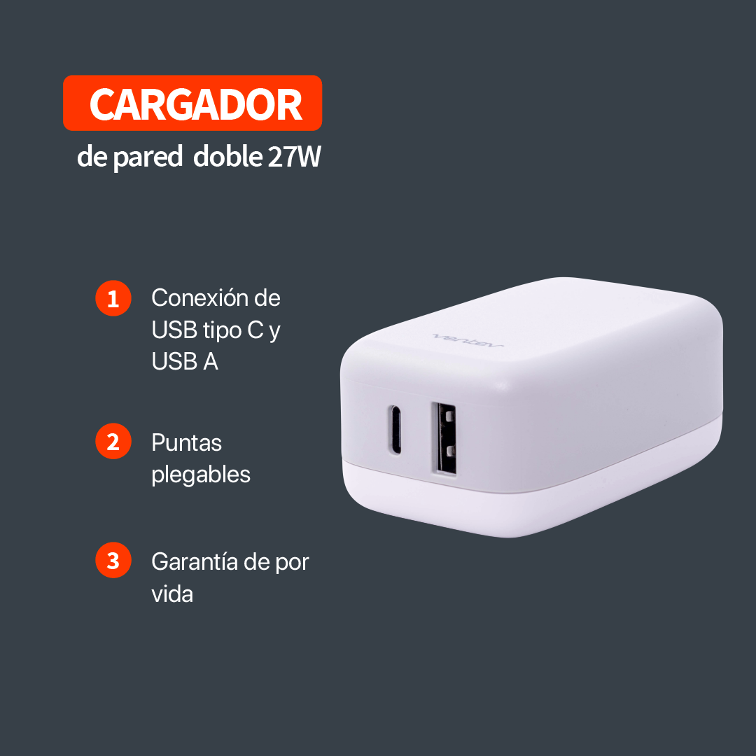 Ventev - Cargador de pared dual de 27W