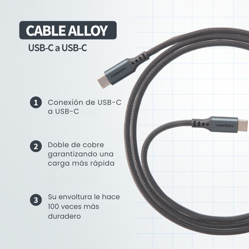 Ventev - Cable Alloy USB-C a USB-C de Alta Velocidad Ultra Duradero de 3 metros