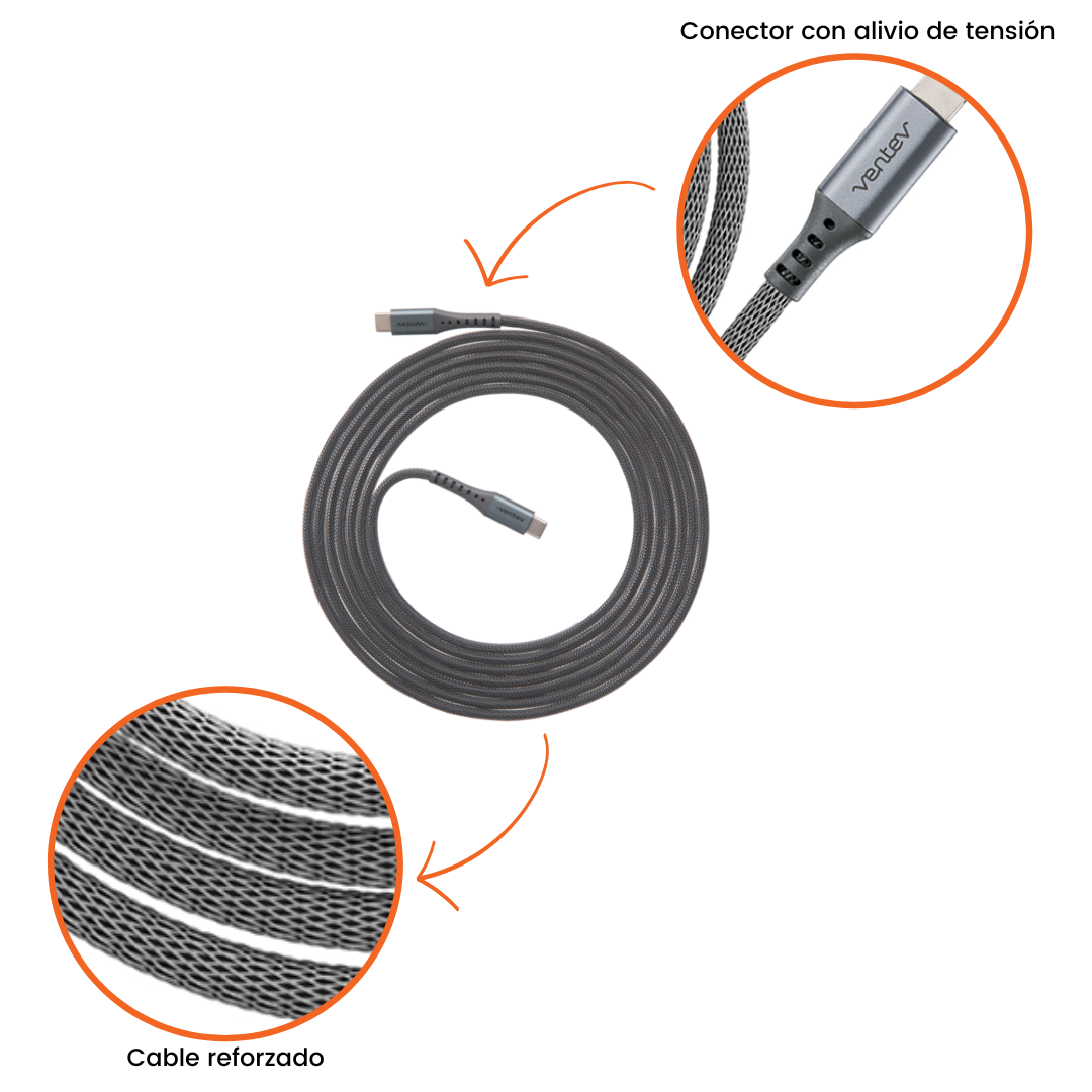 Ventev - Cable Alloy USB-C a USB-C de Alta Velocidad Ultra Duradero de 3 metros
