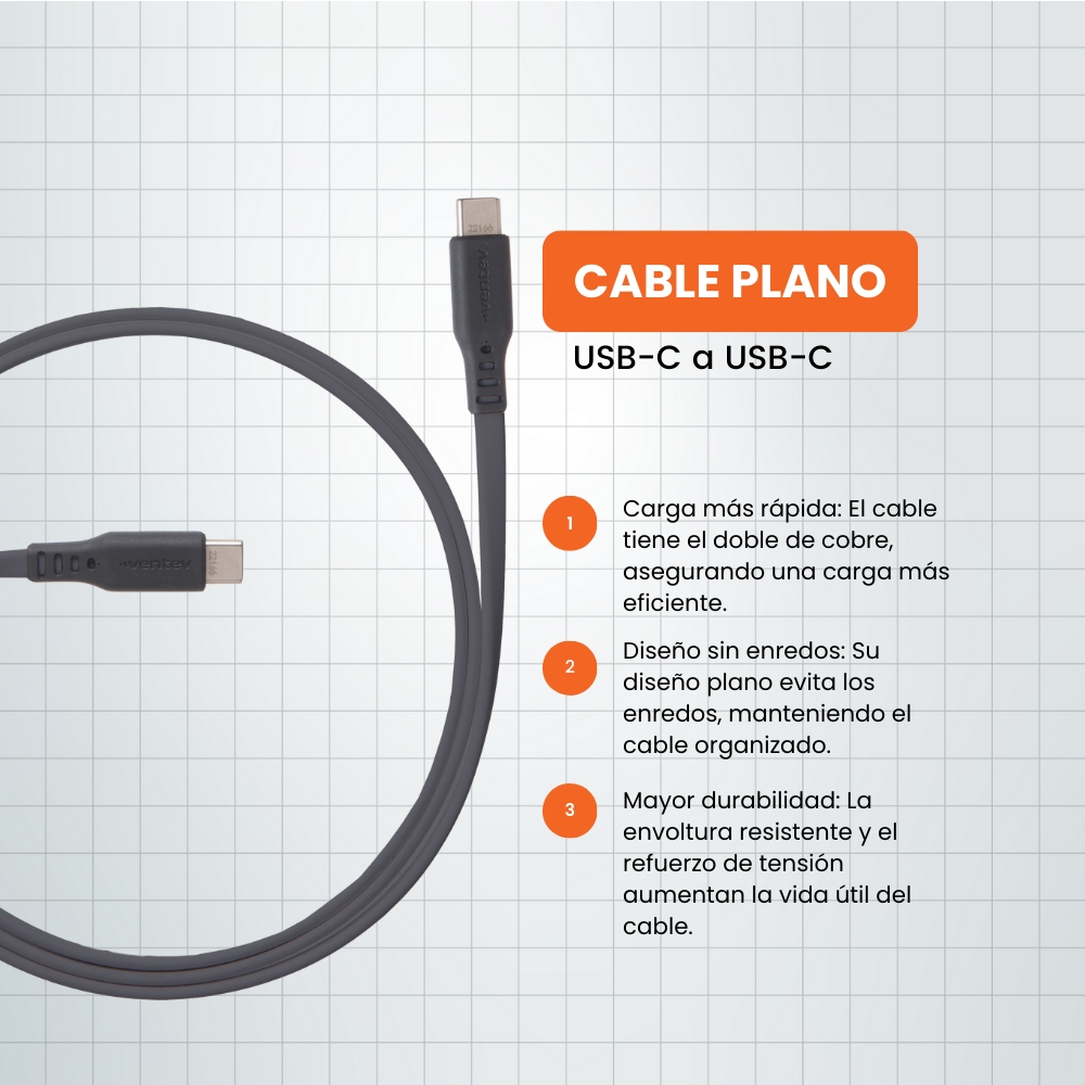 Cable Plano USB-C a USB-C de Alta Velocidad Sin Enredos