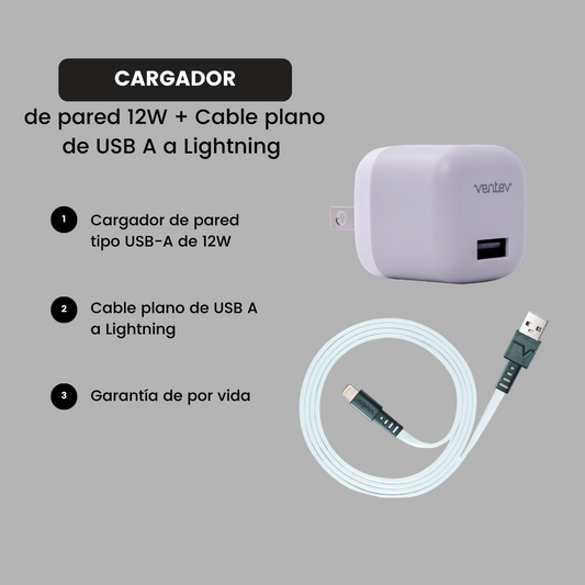 Ventev - Cargador de pared de 12W con Cable plano USB A a Lightning 1 metro - Blanco