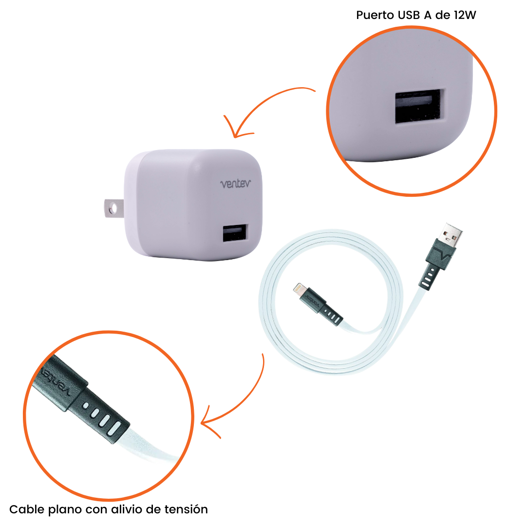 Ventev - Cargador de pared de 12W con Cable plano USB A a Lightning 1 metro - Blanco